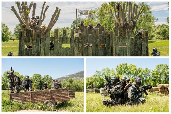 Jugadores equipados de camuflaje disparando bolas de pintura desde el fuerte, y en unos escenarios el plena naturaleza