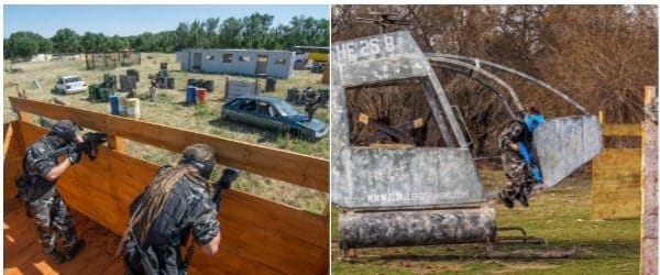 dos imagenes, una con ninos jugando al paintball en un helicoptero, y otra de adultos en un cumpleanos saliendo de un obstáculo