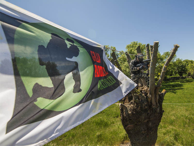 Bandera con el logo de la empresa y jugador en un árbol de fondo