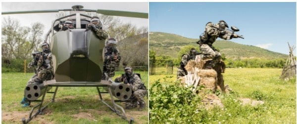 dos imagenes, una con el helicóptero de gran paintball madrid, y otra de un cliente saltándose las normas de seguridad del paintball