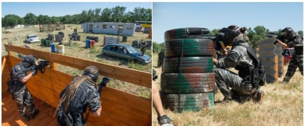 Grupo disparando bolas de paintball desde un parapeto a una chica escondida destrás de un obstáculo de ruedas que se ha quedado sin bolas de paintball