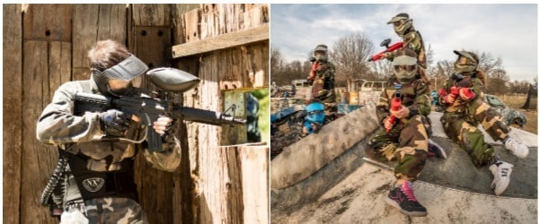 Adultos y niños jugando al paintball infantil en los escenarios de Gran Paintball Madrid