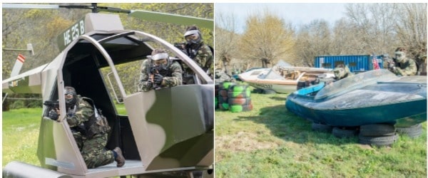 Grupo de amigos jugando al paintball en un helicoptero y una lancha disparandose a suficiente distancia para que no duela