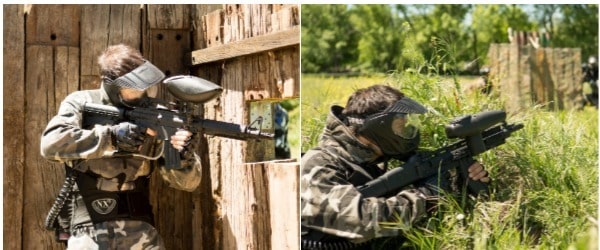 jugadores apuntando con sus armas protegidos de cualquier peligro con sus máscaras de seguridad