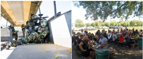 clientes comiendo en plena naturaleza tras una dinámica de grupo en Piantball Madrid. También una fotografía de un clientes recargando bolas en una partida de Paintball