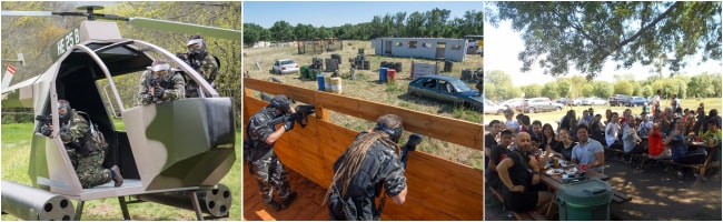 Clientes disfrutando de una barbacoa en plena naturaleza, y jugando al paintball