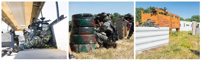 3 imagenes de clientes jugando en diferentes campos de Gran Paintball Madrid