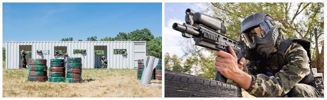 Contenedor de Gran Paintball Madrid en el campo de Kuketown y cliente con arma automática X7 Phenom