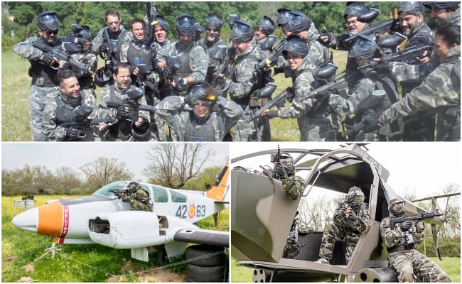 jugadores en el avión, en el helicóptero y apuntando a un participante en Gran Paintball Madrid