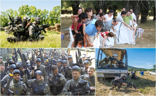 cuatro imagenes de clientes jugando al paintball y realizando gymkanas