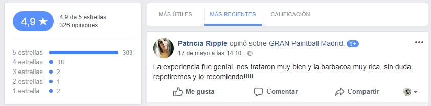 NOta de la valoracion de las opiniones de Facebook y opinion de un cliente