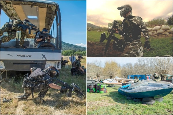 clientes jugando una partida de paintball en nuestros campos de el escorial