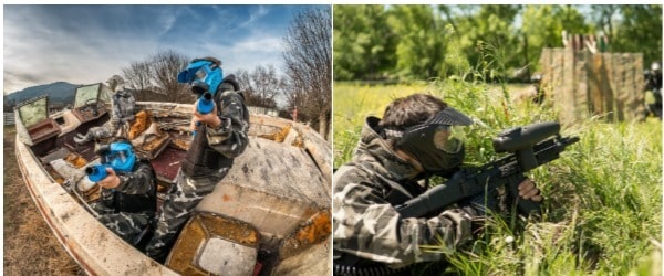 dos niños jugando al paintball en escenario con avión celebrando su cumpleanos en Gran Paintball Madrid