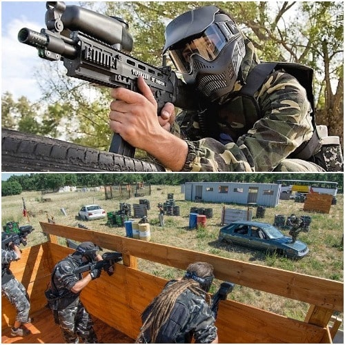 Dos imágenes de partidas de Paintball en distintos escenarios tematizados