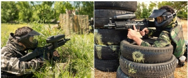 Jugadores de Paintball poniendo en práctica los mejores consejos para jugar y derrotar al enemigo en un campo verde