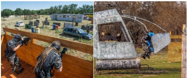 dos imagenes, una con ninos jugando al paintball en un helicoptero, y otra de adultos en un cumpleanos saliendo de un obstáculo