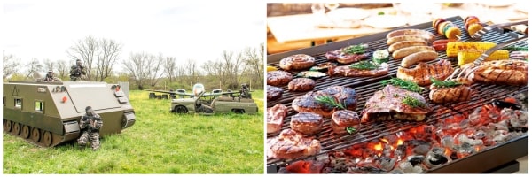 Fotos de un tanque del campo de la guerra mundial de Gran Paintball madrid y de una barbacoa