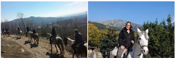 Grupo de amigos y familiares disfrutando de una actividad unica de paseo en caballo por la sierra de Madrid